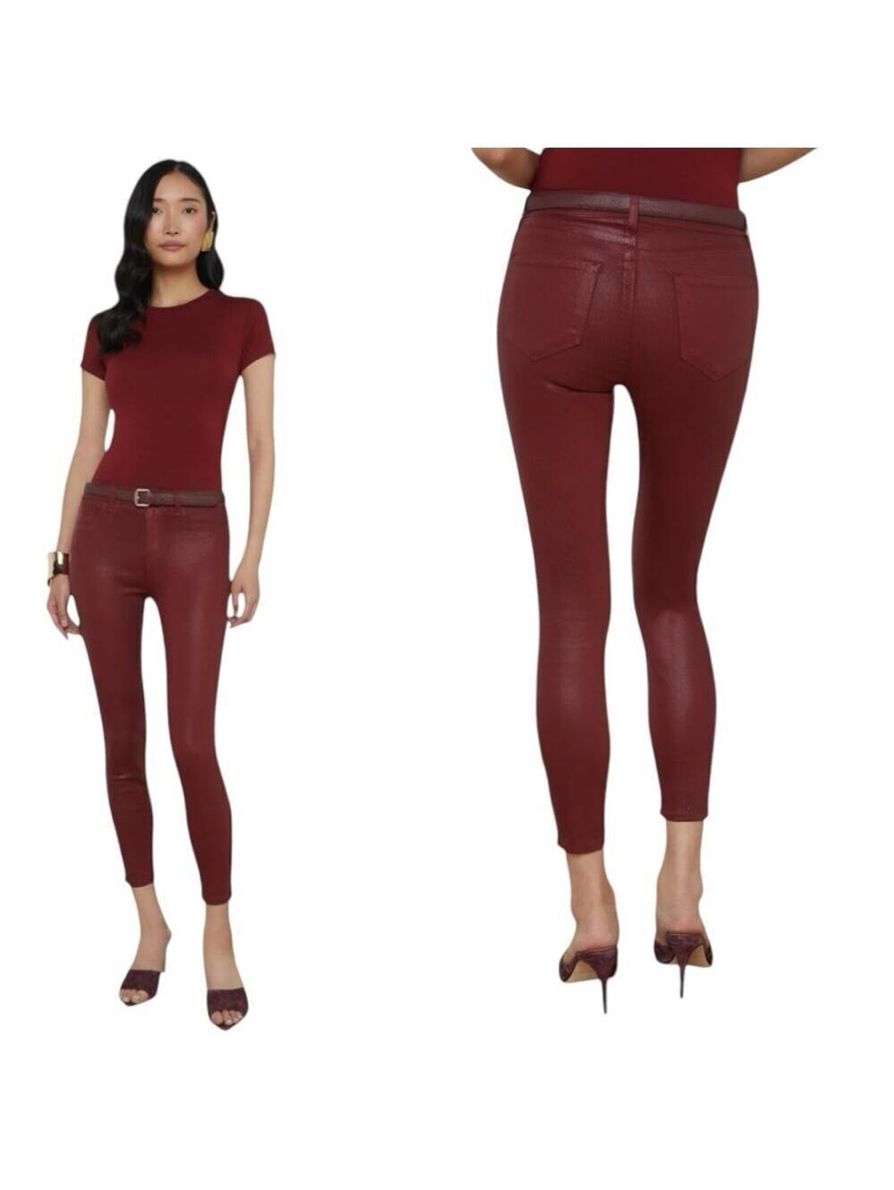 L'AGENCE Margot High Rise Skinny Jeans Burgundy Coated Denim Cropped Size 29